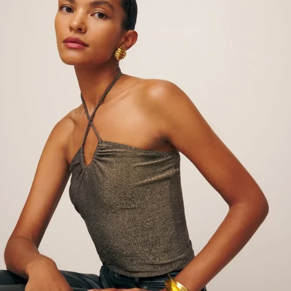 Reformation Anders Metallic Gold Sparkle Halter Top Size M - Picture 3 of 9